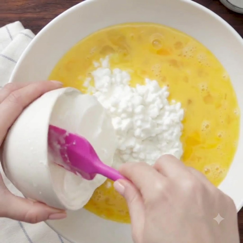 De la crème fraîche raclée dun petit bol vers le grand bol mélangeur à laide dune spatule rose.