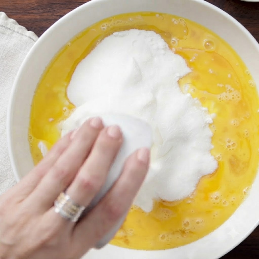 Du sucre blanc granulé versé dun petit plat dans un bol dingrédients humides.