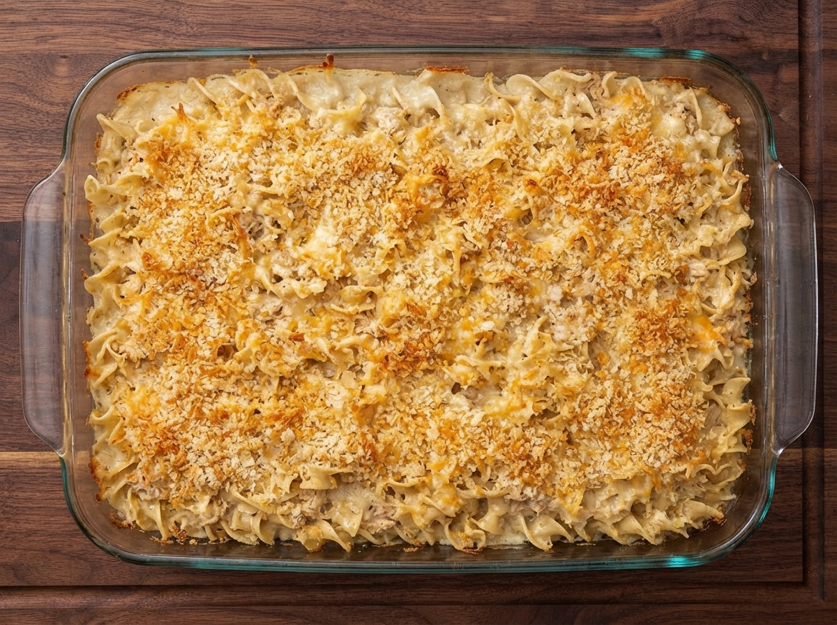 Un plat à gratin en verre rempli dun mélange de kugel non cuit surmonté de chapelure.