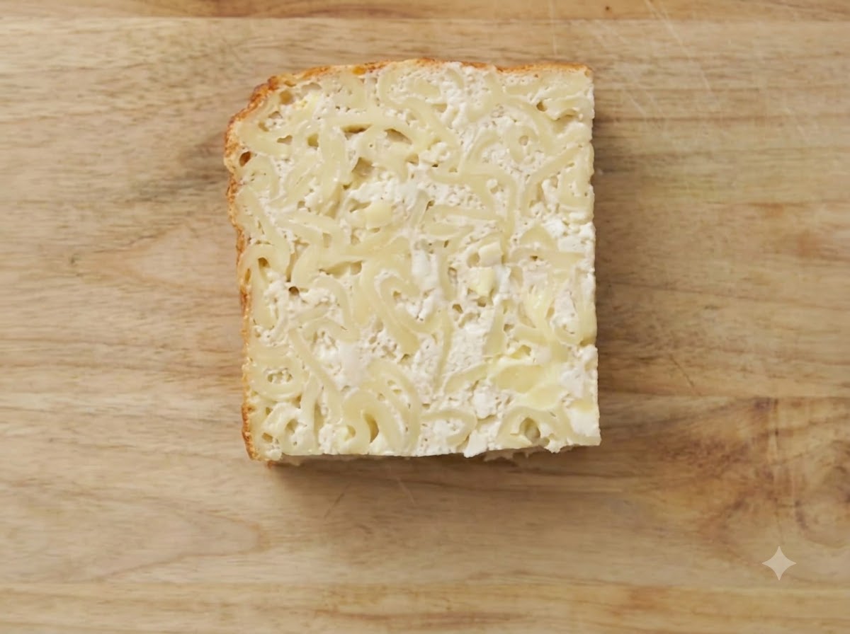 Une tranche carrée de kugel en train de frire dans une poêle en fonte chaude.