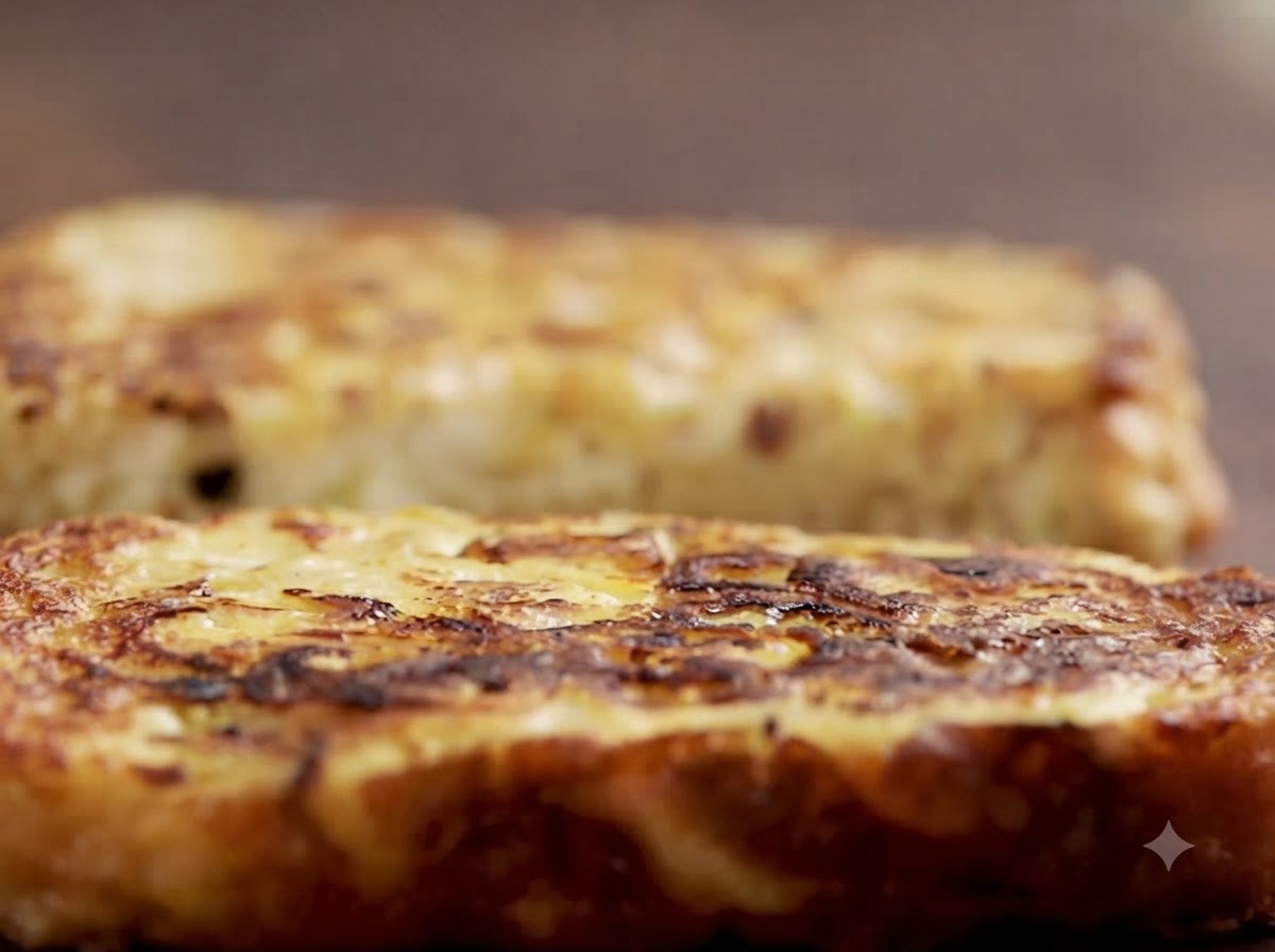 De la mayonnaise étalée uniformément sur une tranche de kugel dorée et frite.