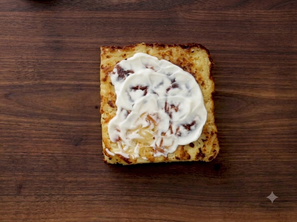 Une tranche de fromage américain disposée à plat sur une tranche de kugel chaude.