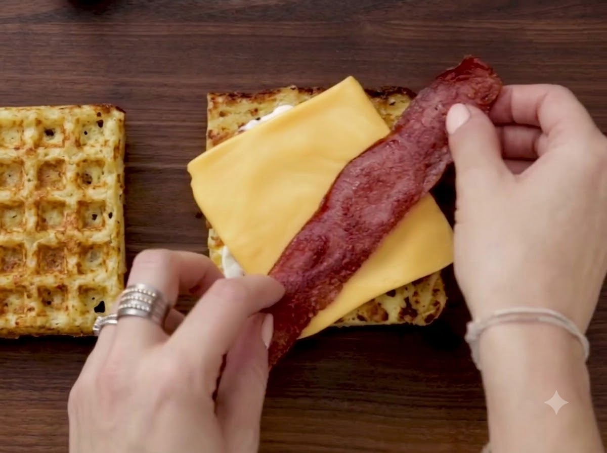 Des bandes de bacon cuit et croustillant disposées sur le kugel recouvert de fromage.