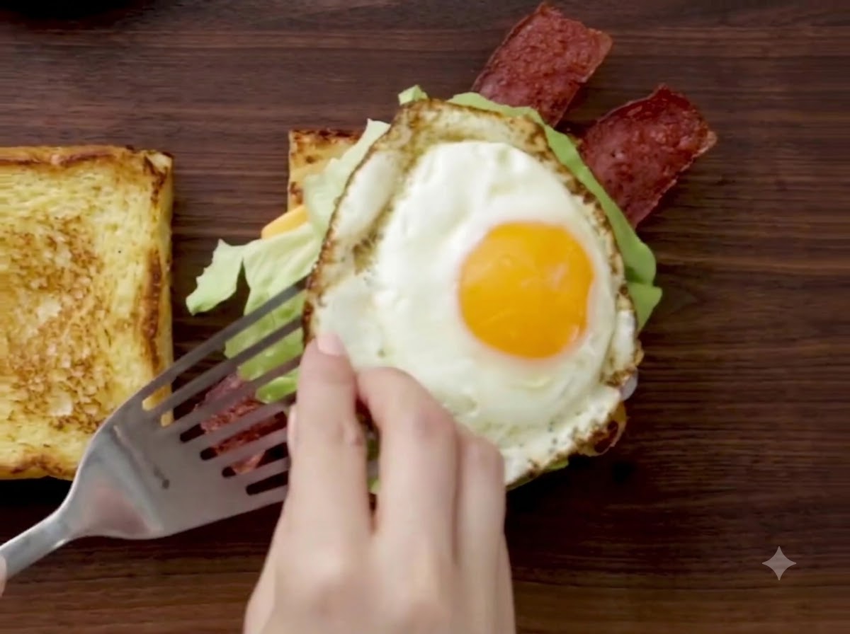 Une spatule déposant un œuf au plat avec un jaune jaune vif sur la couche de laitue.