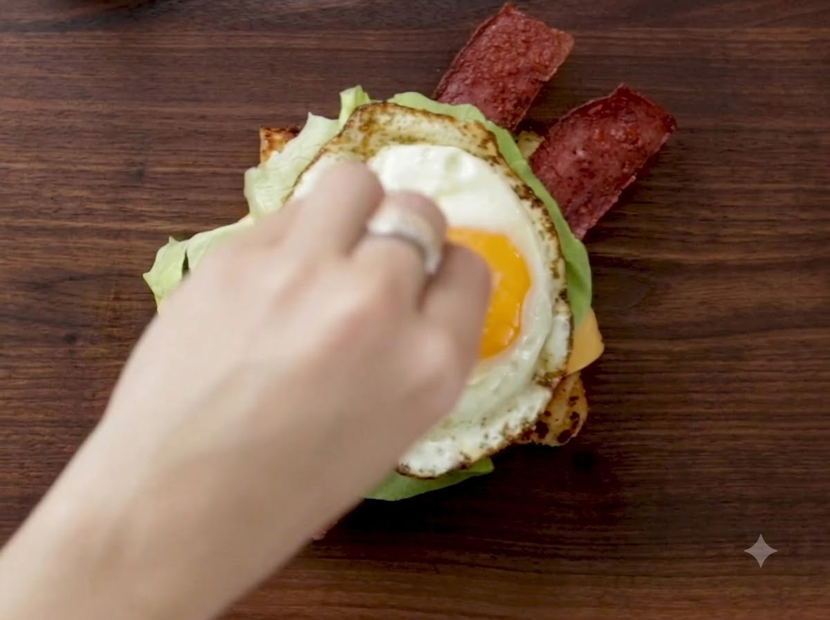 Du sel, du poivre et des micro-pousses saupoudrés sur un œuf au plat cuit sur le plat.