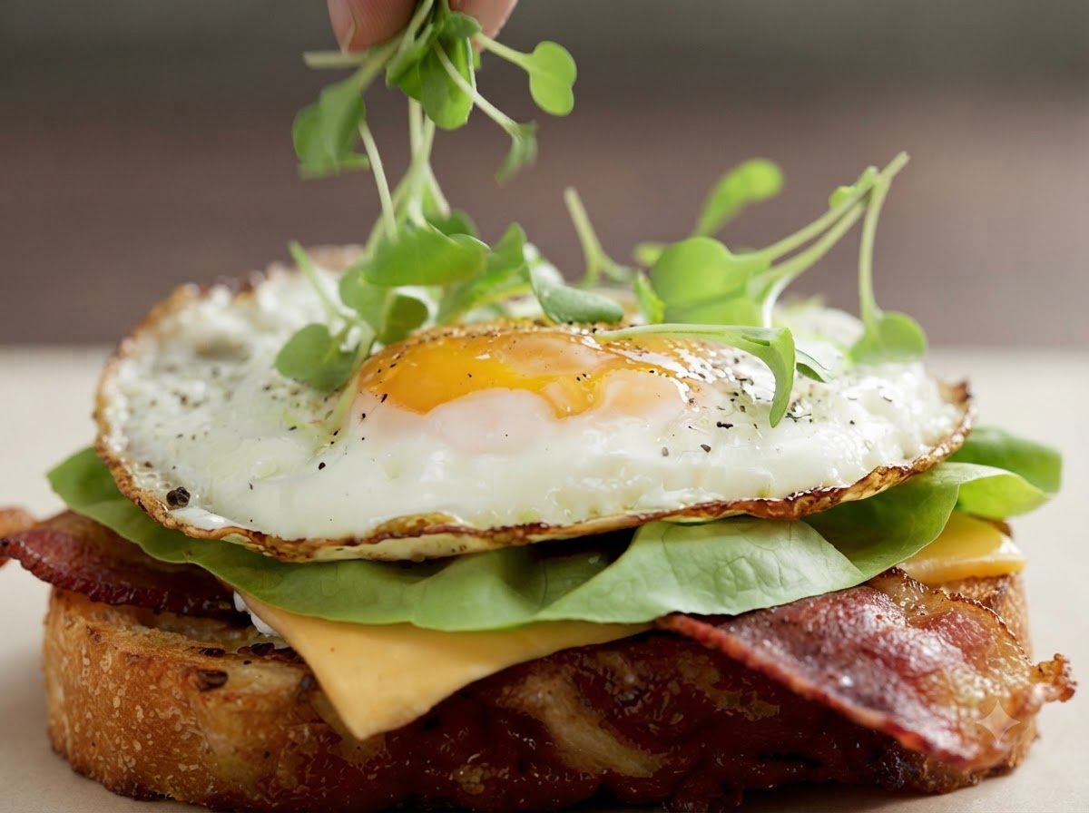 Des micro-pousses fraîches parsemées sur un œuf au plat au jaune coulant posé sur les couches du sandwich.