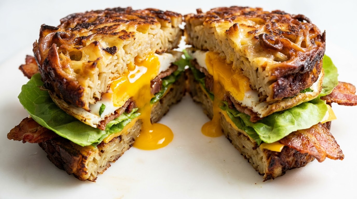 Sandwich Petit-Déjeuner Croustillant au Kugel, Œuf au Plat et Bacon
