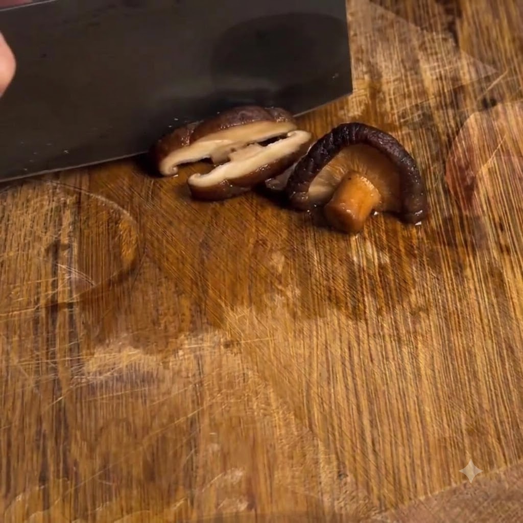 Champignons shiitake coupés en petits morceaux sur une planche à découper en bois.