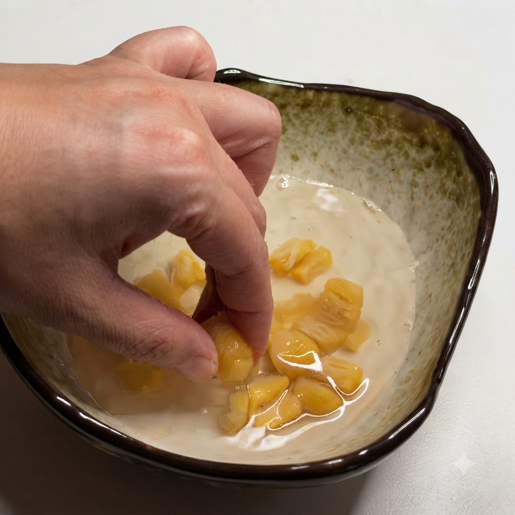 Pétoncles séchés trempés émiettés avec les doigts dans un bol de liquide de trempage.