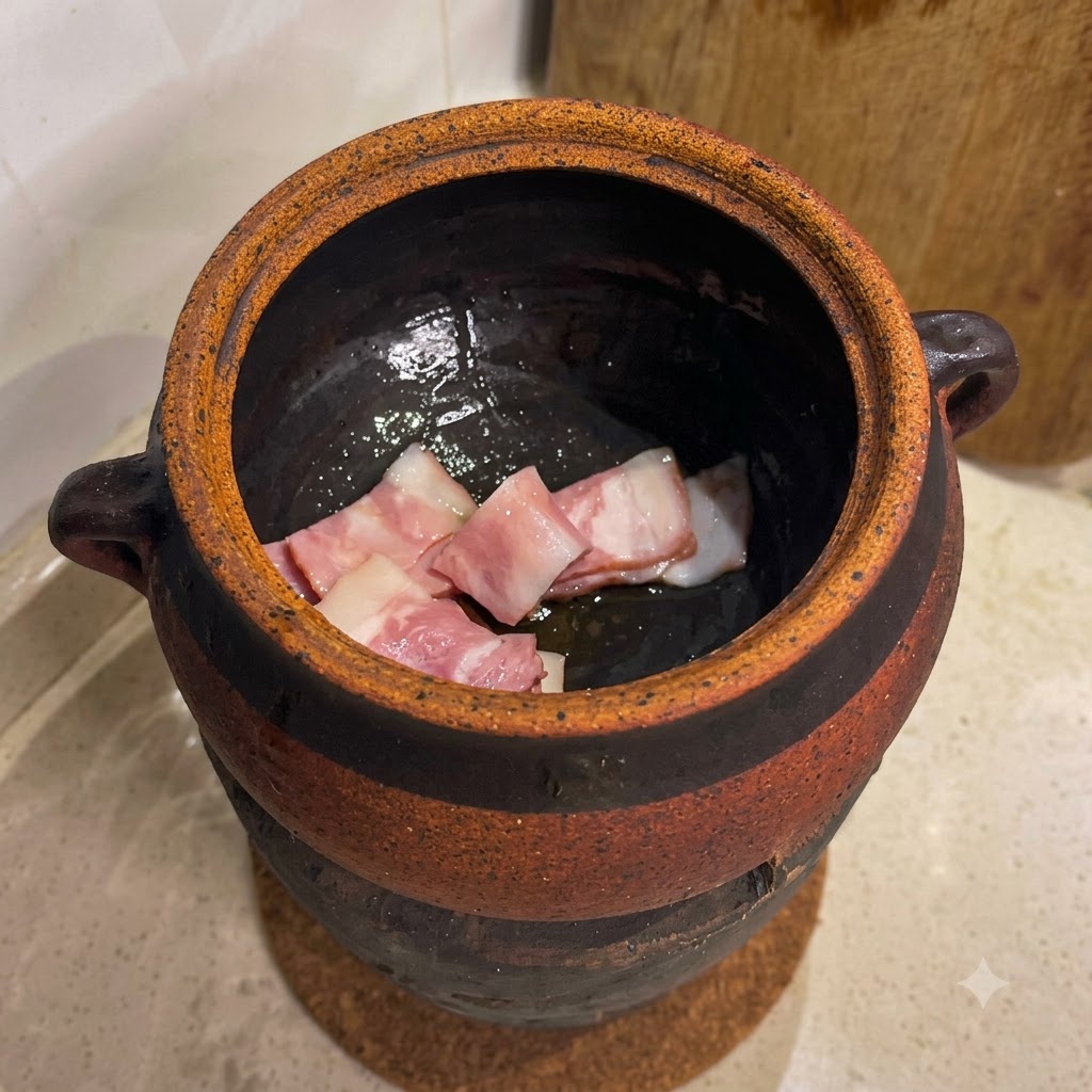Morceaux de bacon frits dans lhuile à lintérieur dun pot en argile traditionnel sur du charbon de bois.