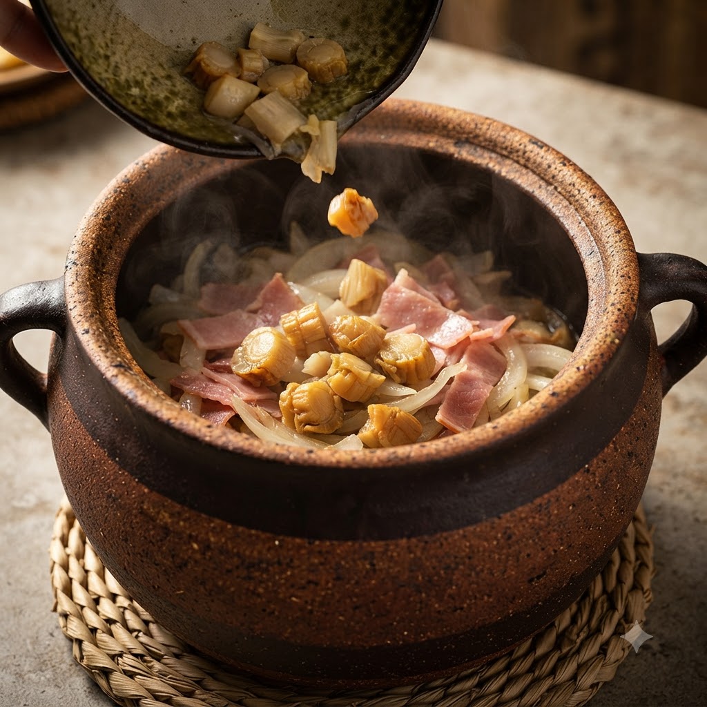 Pétoncles séchés trempés versés dun petit bol dans une cocotte en argile contenant du bacon sauté et des oignons émincés.