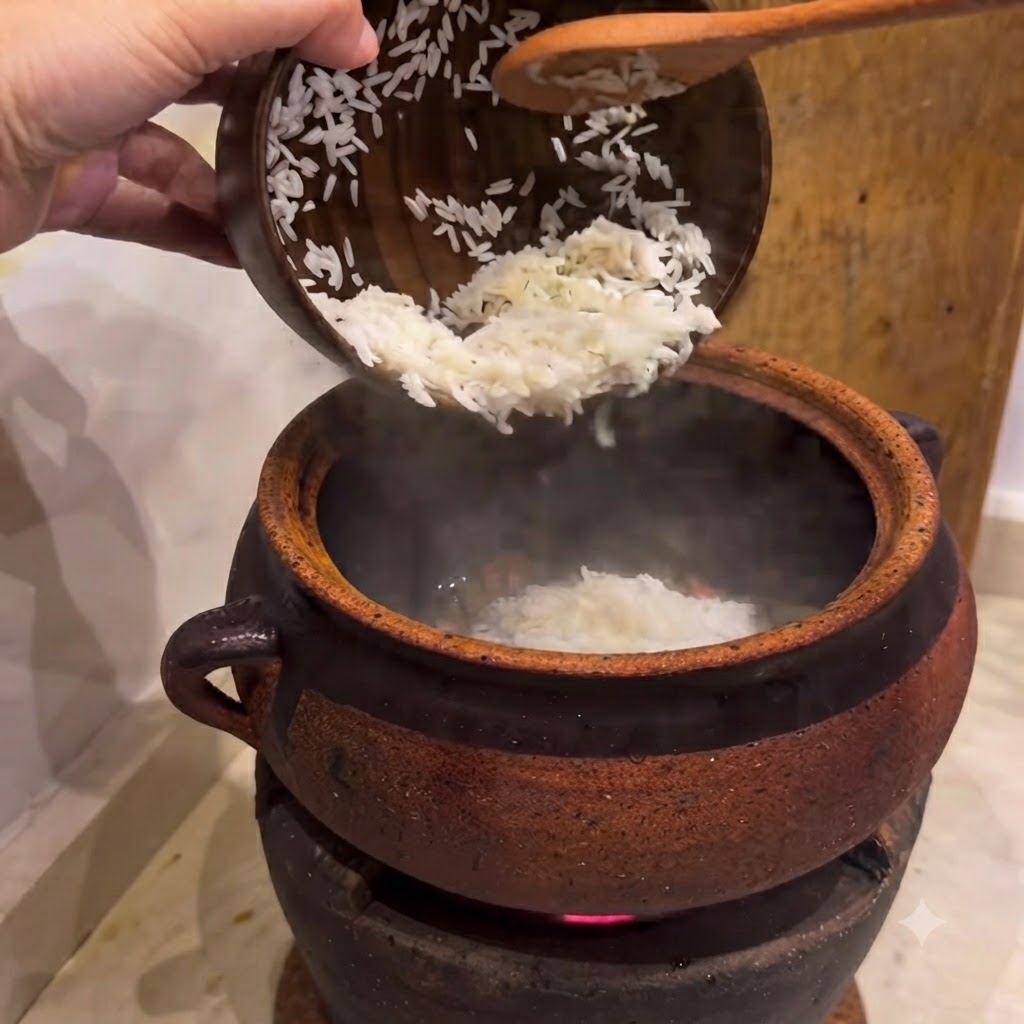 Riz trempé versé dun bol en bois dans une cocotte en argile chauffée à laide dune cuillère en bois.