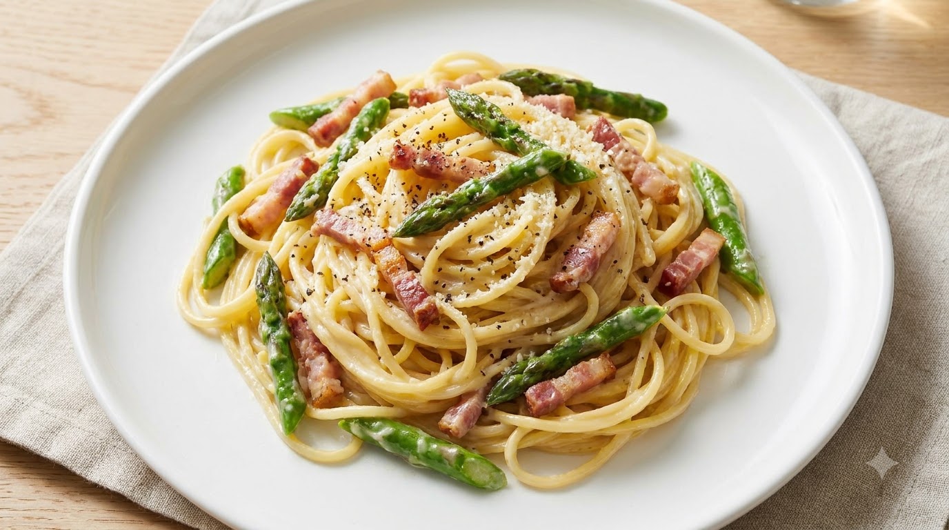 Pâtes crémeuses aux asperges et au lard