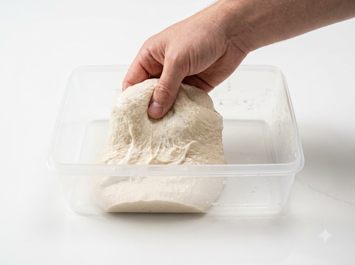 Une main tirant vers le haut et repliant une section de pâte levée à lintérieur dun récipient rectangulaire transparent.