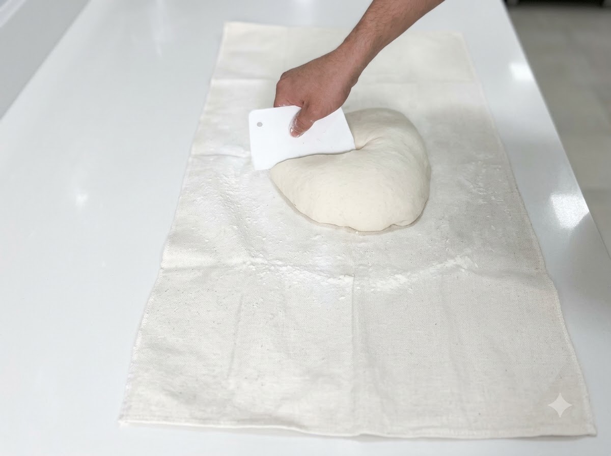 Une main tenant un racloir à pâte blanc coupant un morceau de pâte blanche sur un linge.