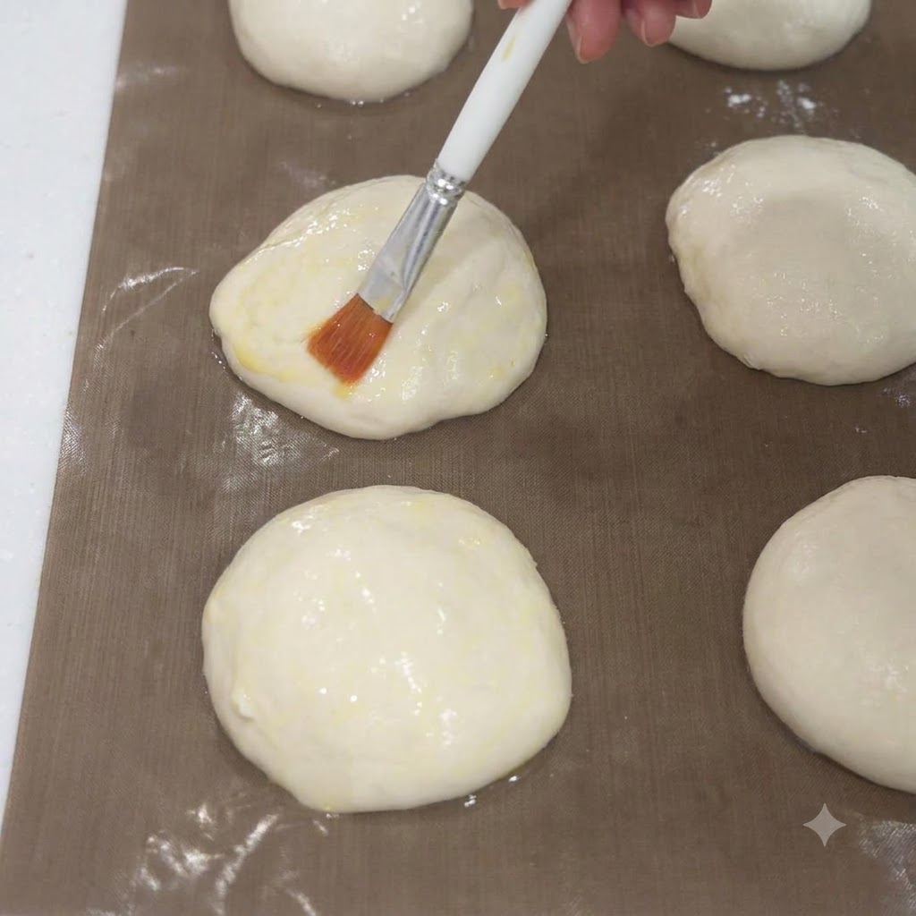 Un pinceau à pâtisserie étalant soigneusement de lhuile sur le dessus de portions de pâte ronde crues disposées sur une plaque de cuisson.