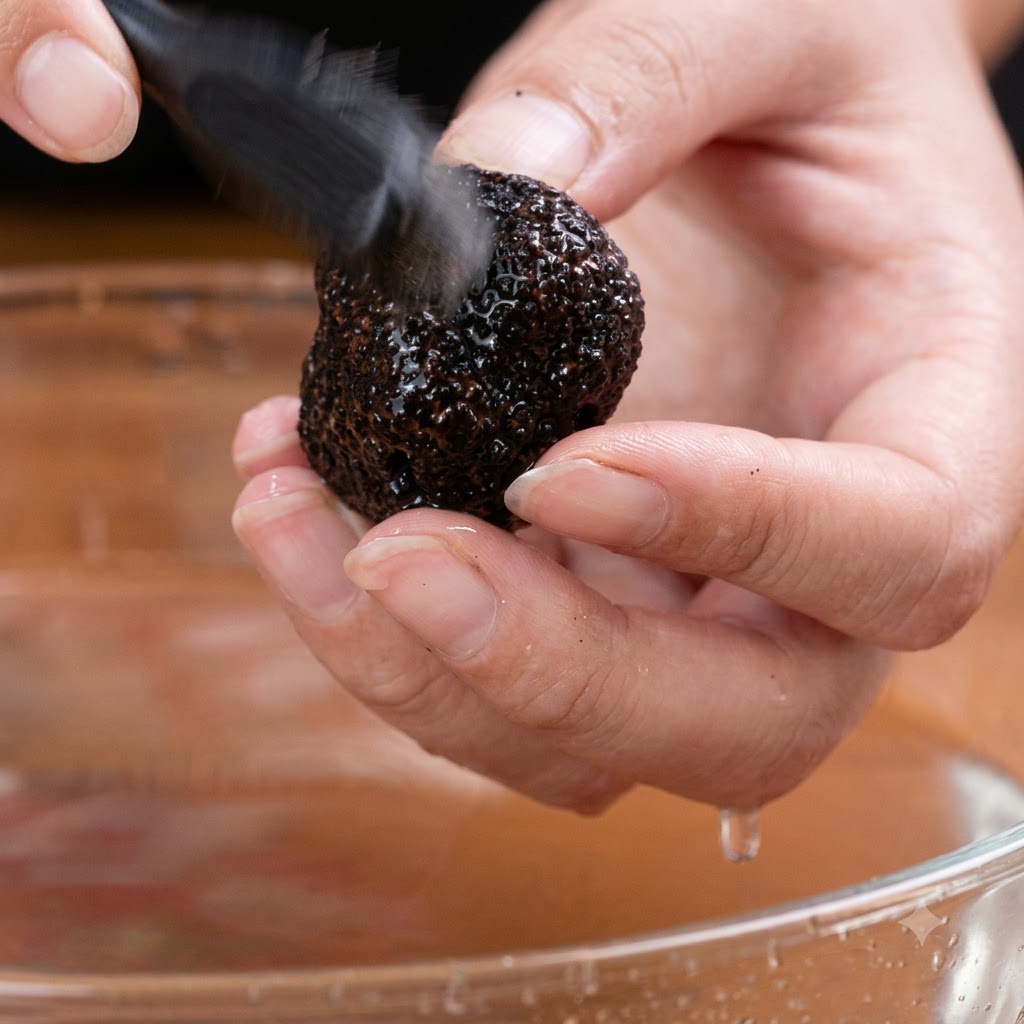 Une truffe noire coupée en tranches avec un couteau blanc sur une planche en bois.
