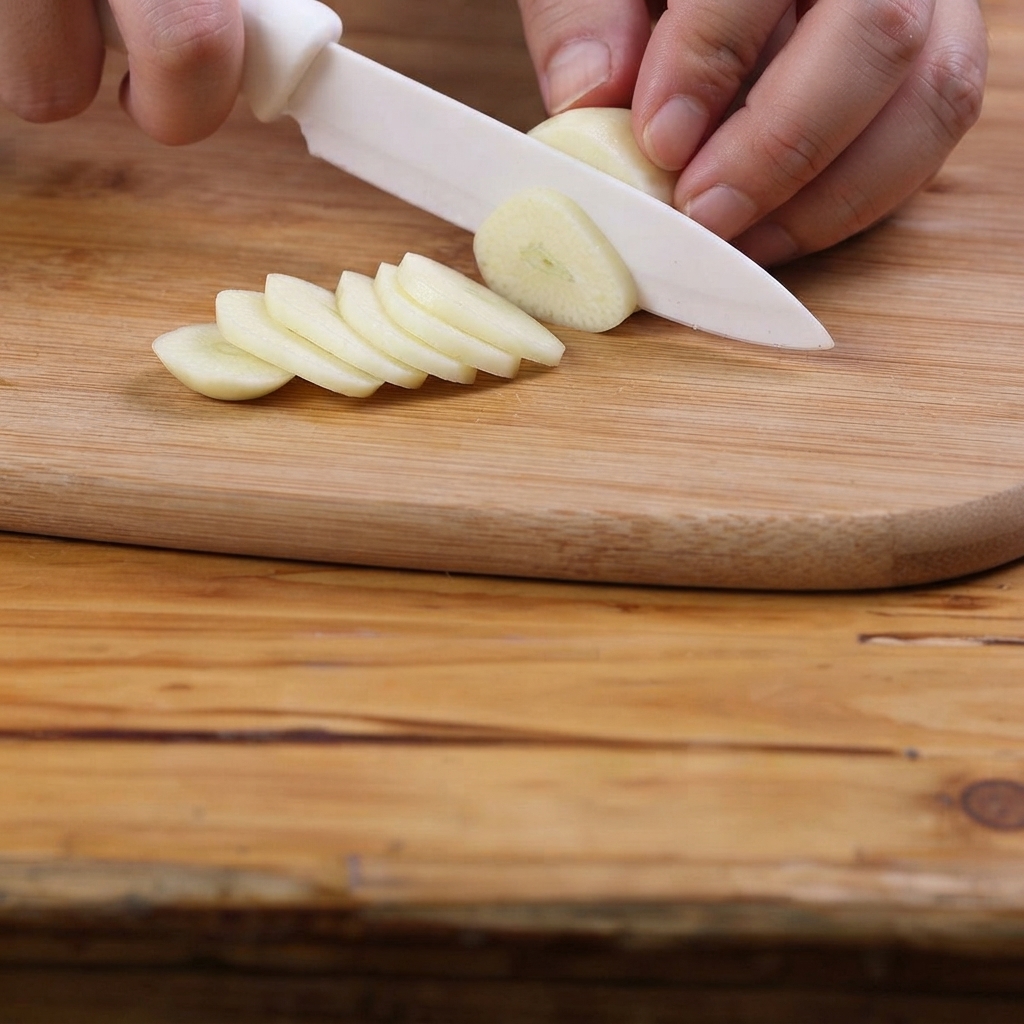 Morceaux de poivron vert coupés sur une planche en bois avec un couteau.