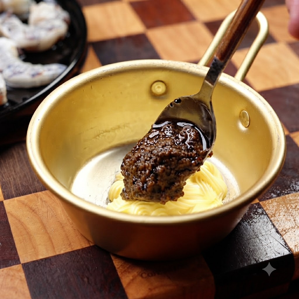 De la mayonnaise dans un bol métallique mélangée à une cuillerée de sauce à la truffe noire à laide dune cuillère.