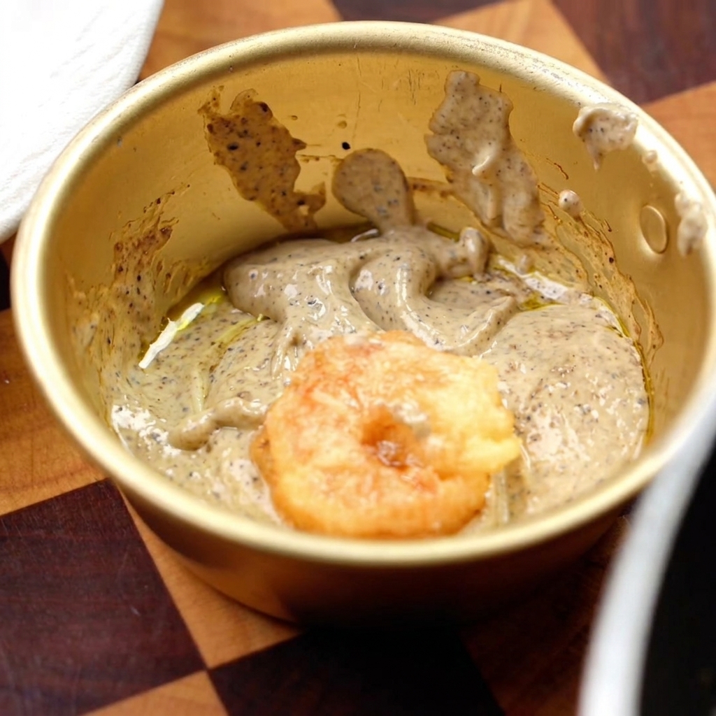 Crevettes frites ajoutées dans le bol contenant la sauce à la truffe noire et à la mayonnaise, mélangées uniformément.