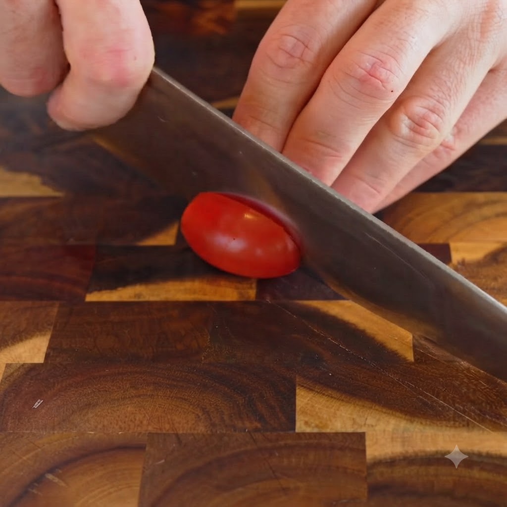 Un couteau de chef tranchant coupant une tomate cerise rouge en deux sur une planche à découper en bois.