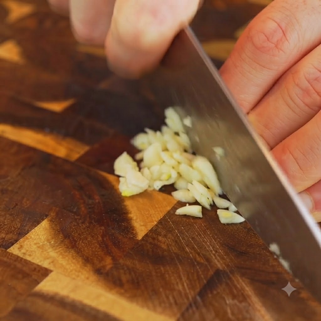 Un couteau de chef hachant des gousses dail épluchées en petits morceaux sur une planche en bois.