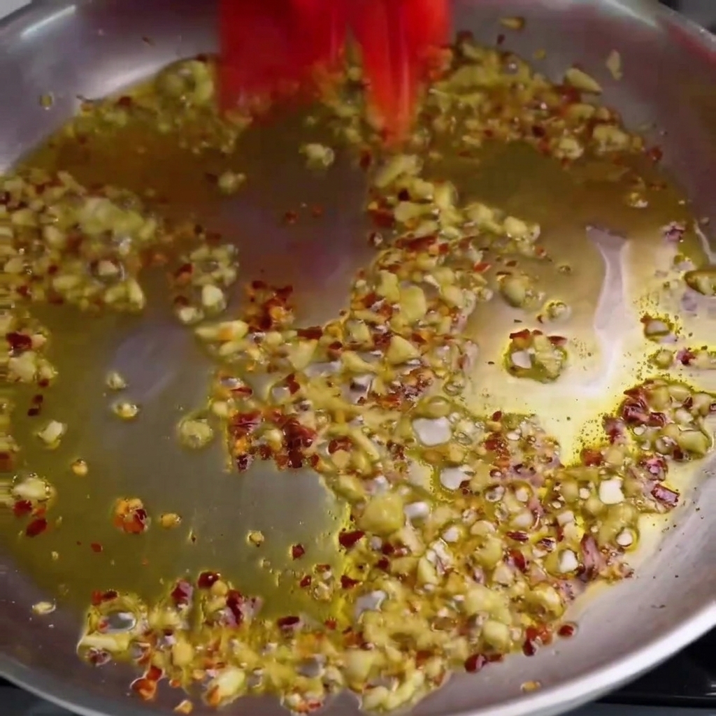 Des tomates cerises coupées en deux jetées dans une poêle avec de lail et de lhuile.