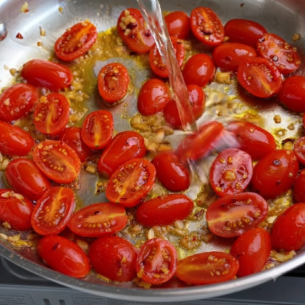 Du vin blanc versé dans une poêle remplie de tomates cerises et dail.