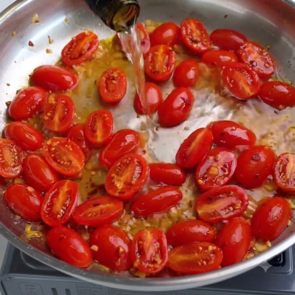 Du sel et du poivre noir tombant sur des tomates cerises bouillonnantes dans une poêle.