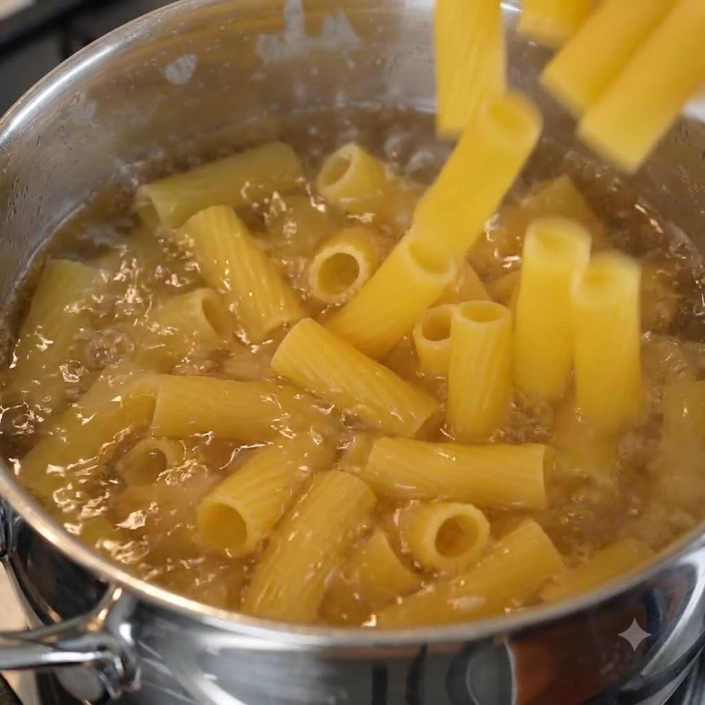 Des morceaux de pâtes rigatoni tombant dans une casserole deau bouillante salée.