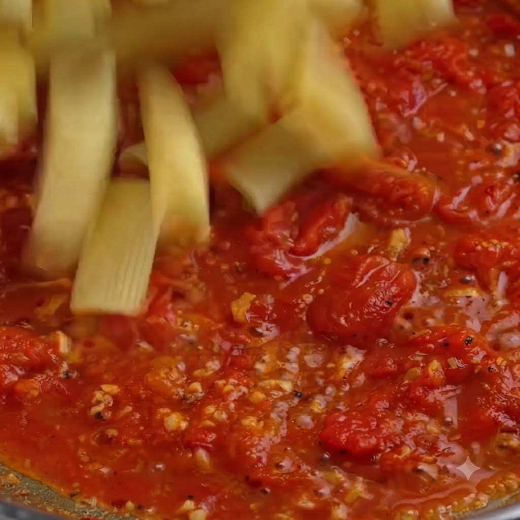 Des tubes de pâtes cuites versés dans une poêle remplie de sauce tomate rouge vibrante.