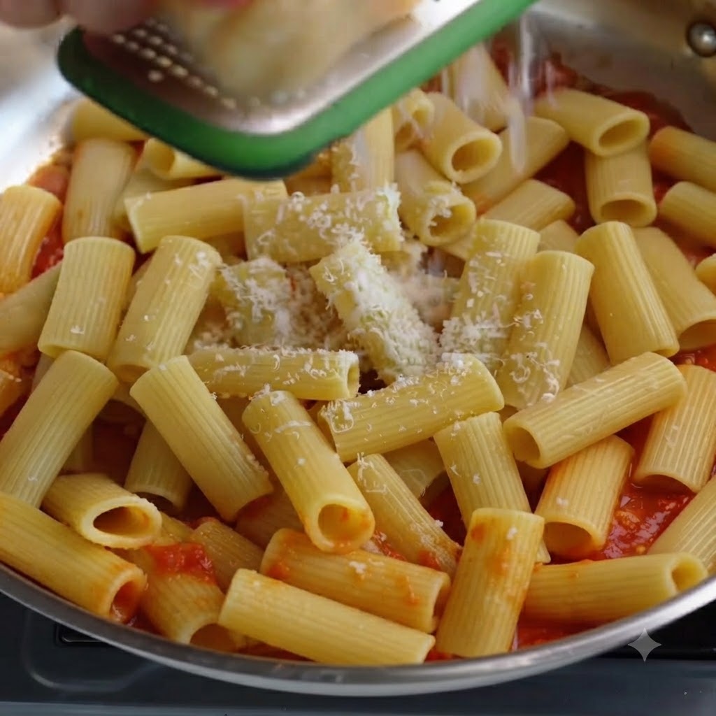 Une râpe à main râpant du fromage parmesan directement sur des rigatoni dans une poêle.