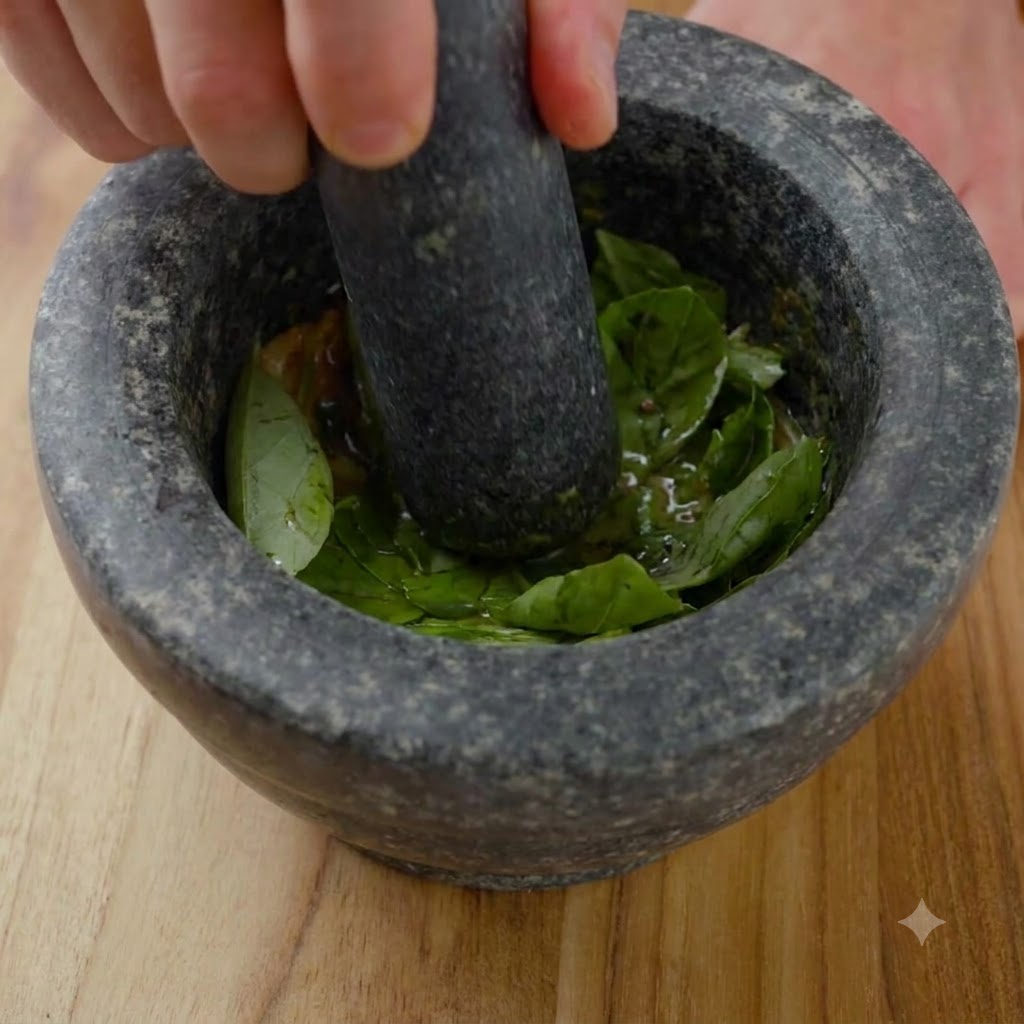 Des feuilles de basilic vert frais écrasées à lintérieur dun mortier en pierre avec un pilon.