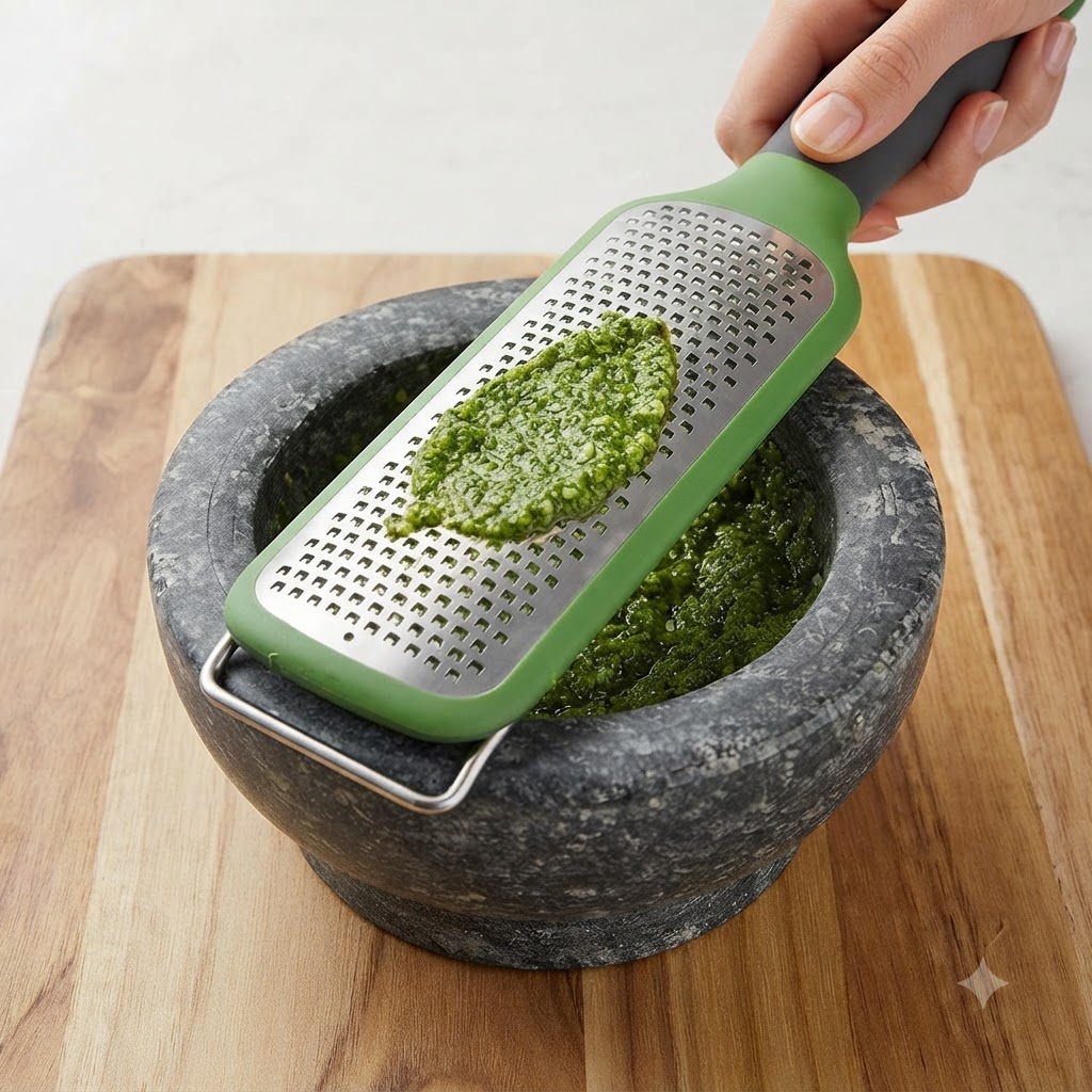 Du parmesan fraîchement râpé avec une râpe verte au-dessus dun mortier en pierre rempli dingrédients de pesto vert.