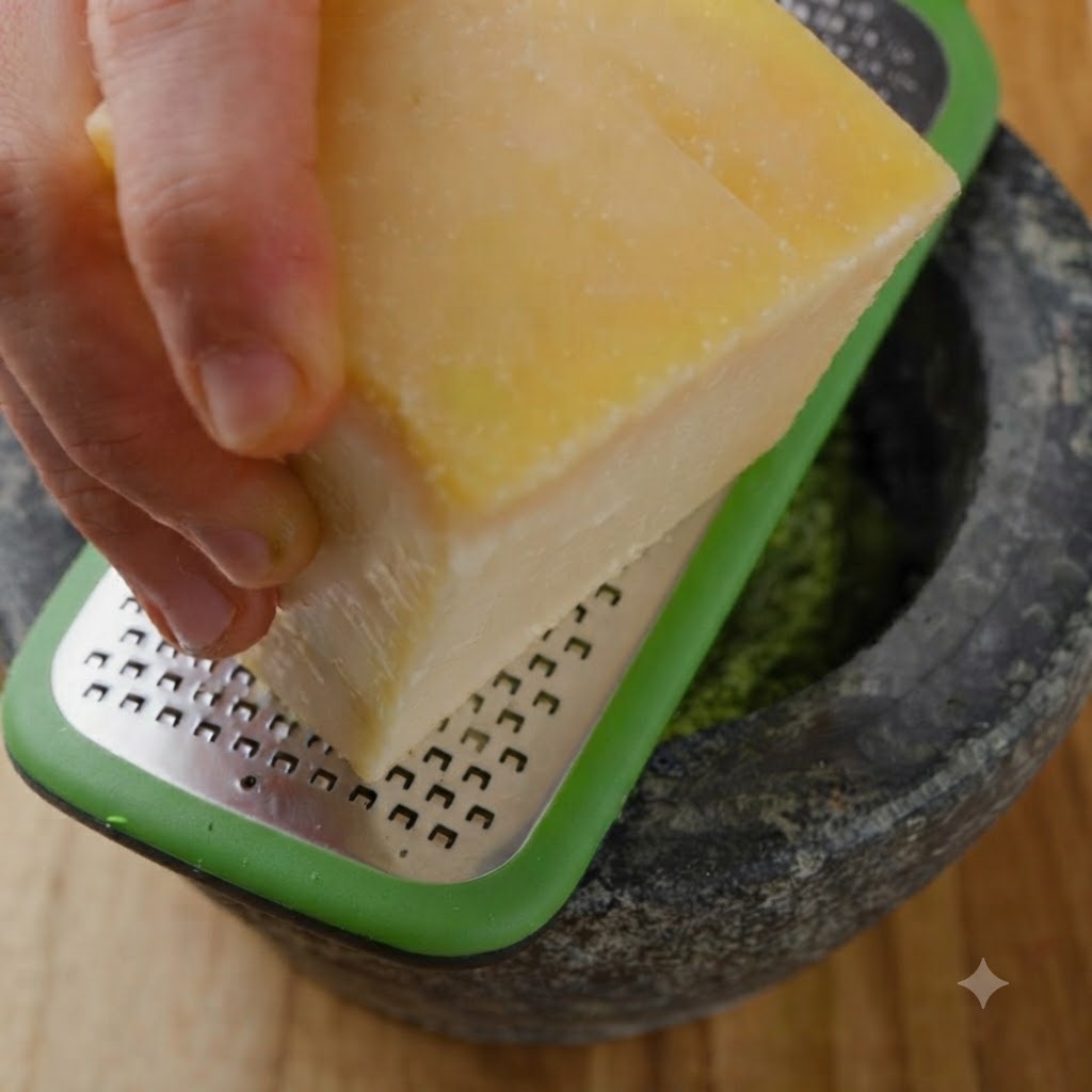 De lhuile dolive extra vierge versée par le bec verseur dans un mortier en pierre rempli de pâte de pesto vert et dun pilon.