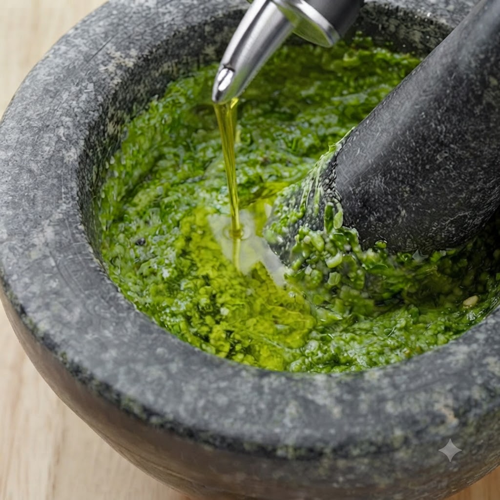 Une cuillerée de pesto vert frais déposée dans une poêle de rigatoni cuits mélangés à de la sauce tomate.