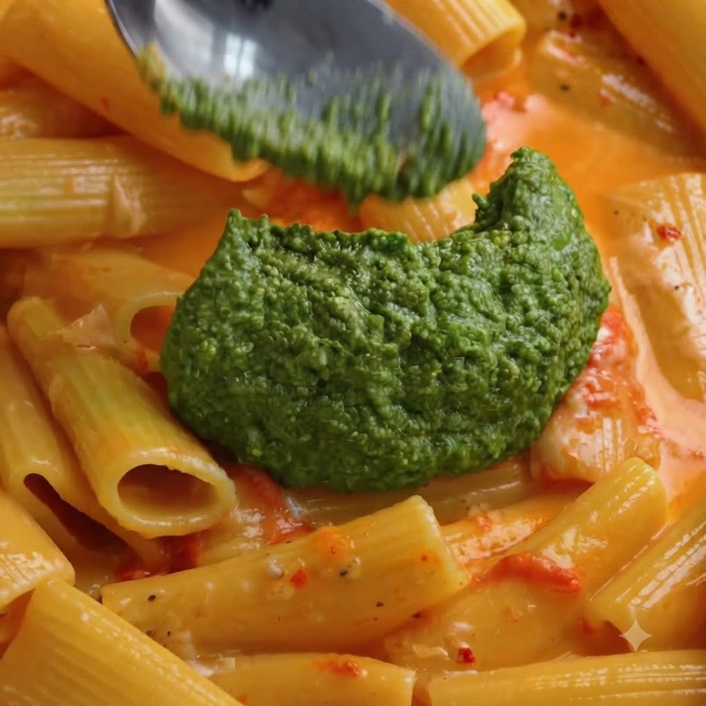 Des rigatoni et de la sauce pesto vert mélangés ensemble dans une grande poêle à laide dune spatule blanche.