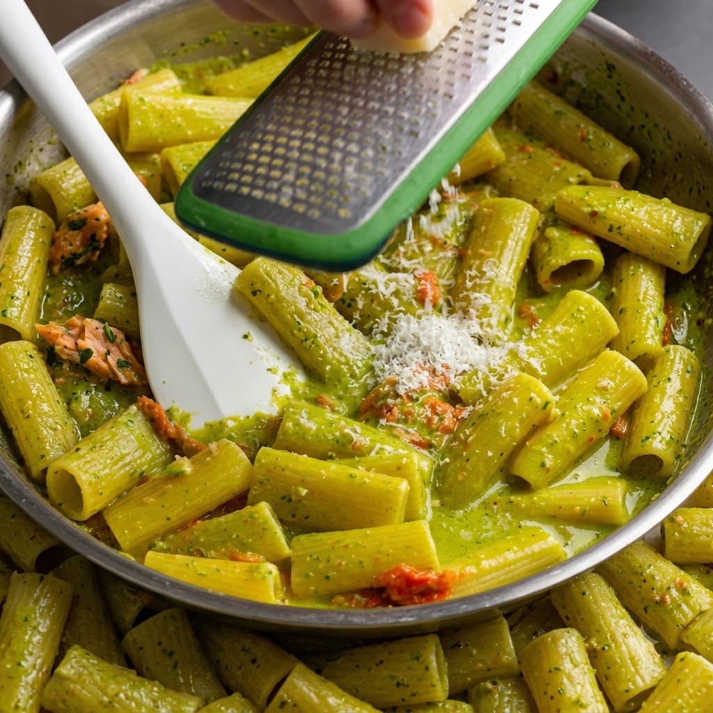Du parmesan frais râpé à partir dun bloc sur une poêle de rigatoni au pesto terminés.
