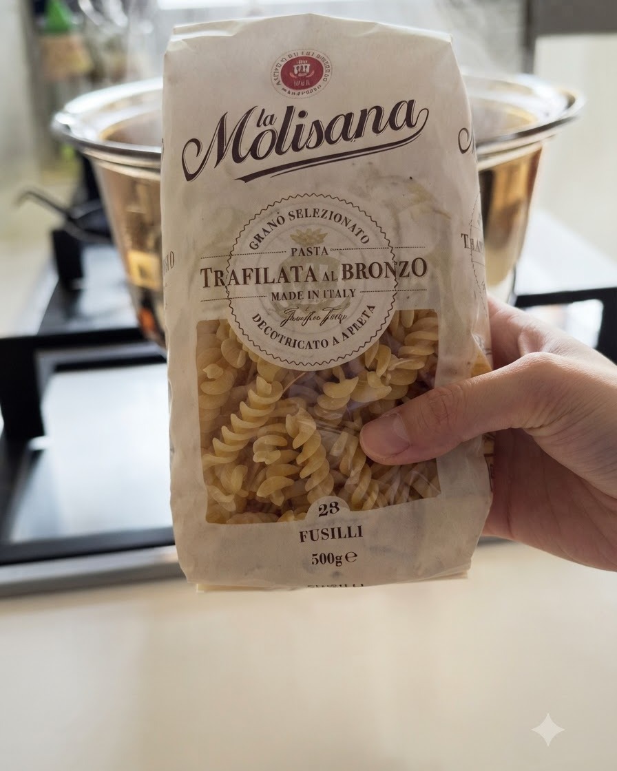 Des brins de fusilli secs jetés dans de leau bouillante à lintérieur dune casserole en métal.