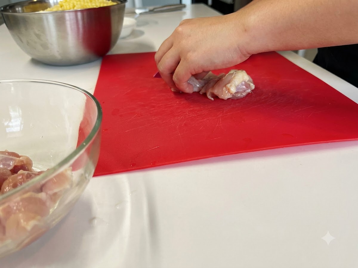De la viande de poulet crue coupée en morceaux de taille bouchée sur une planche à découper rouge.