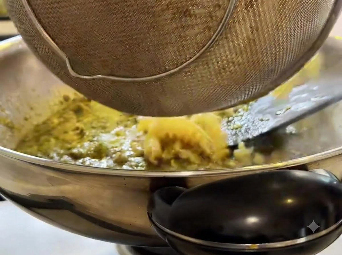 Des pâtes fusilli égouttées versées dune passoire en fil de fer dans le wok de cuisson.