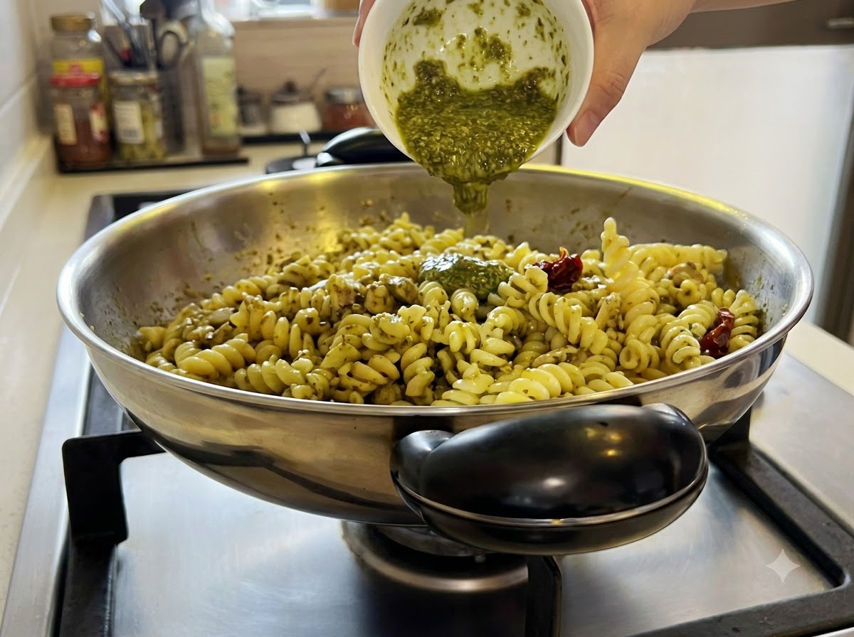 Des tomates séchées mélangées dans le wok rempli de pâtes et de pesto vert.