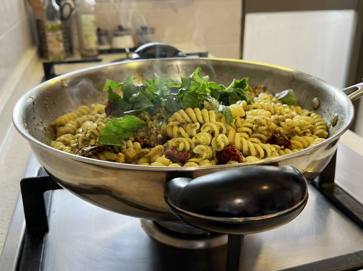 Des feuilles de basilic vert frais incorporées dans le plat de pâtes chaud à lintérieur du wok.