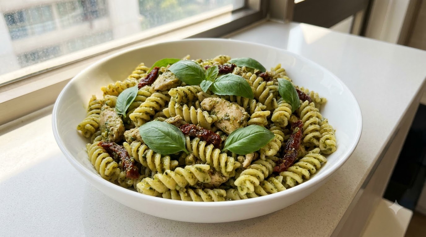 Un bol de fusilli au poulet et pesto vert mélangé avec des tomates séchées et des feuilles de basilic frais