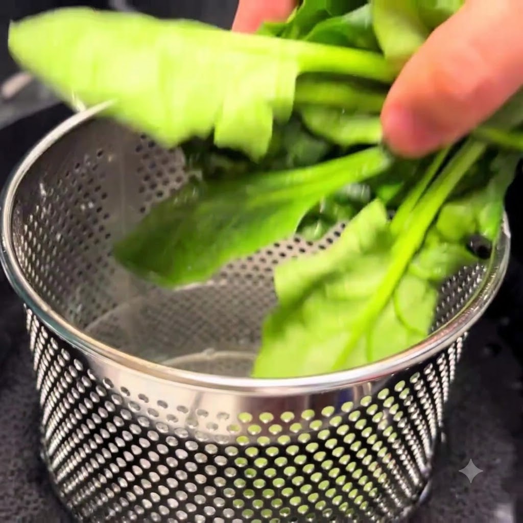 Feuilles dépinards verts frais ajoutées dans un panier de passoire en métal au-dessus dune casserole deau bouillante.
