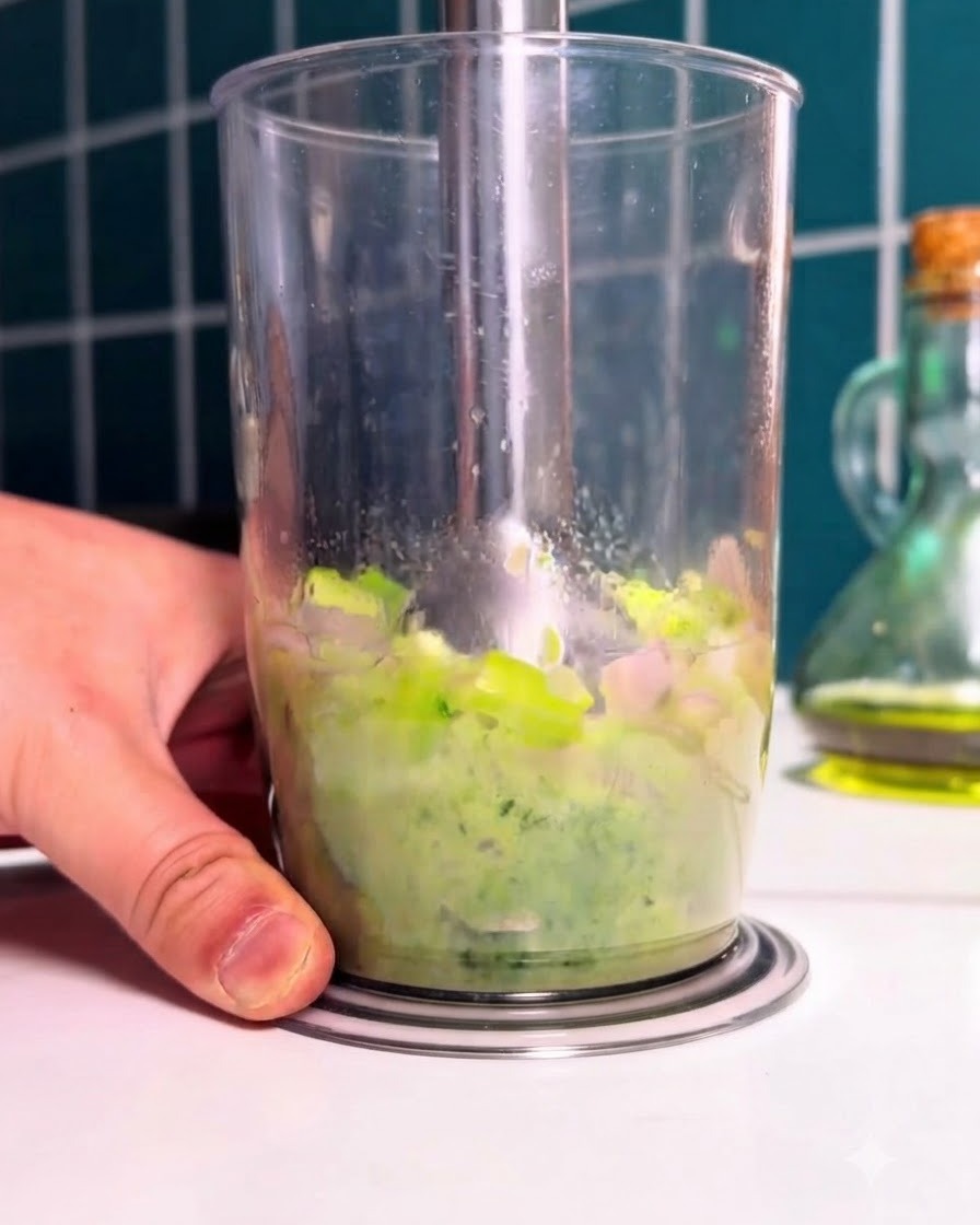 Un mixeur plongeant réduisant en purée des légumes verts blanchis et des épinards à lintérieur dun grand verre transparent.