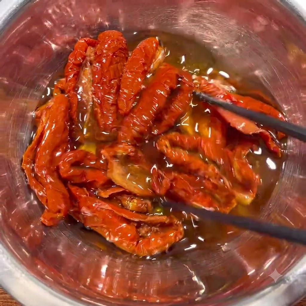 Tomates séchées macérant dans lhuile à lintérieur dun bol en acier inoxydable, remuées avec des baguettes noires.