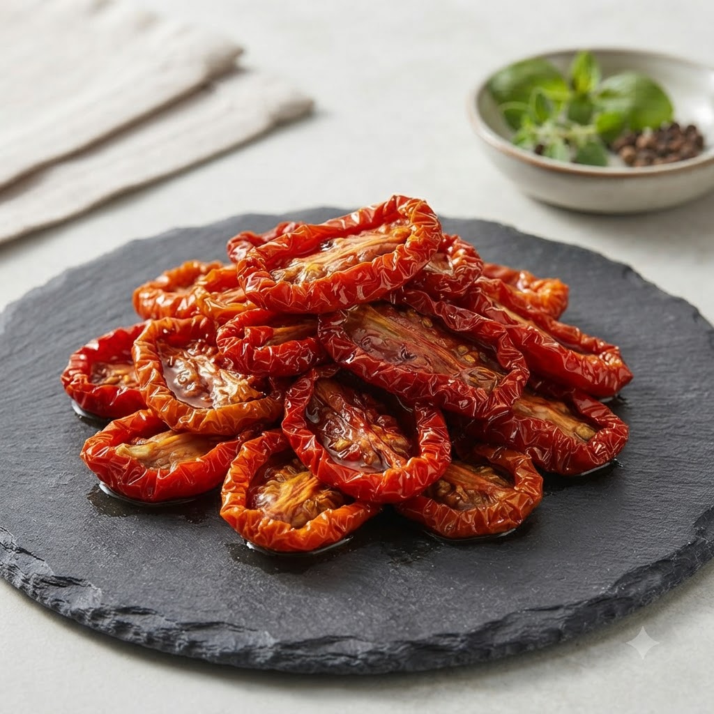 Une portion de pâte de tomates séchées posée sur une cuillère, révélant une texture rouge lisse et éclatante.