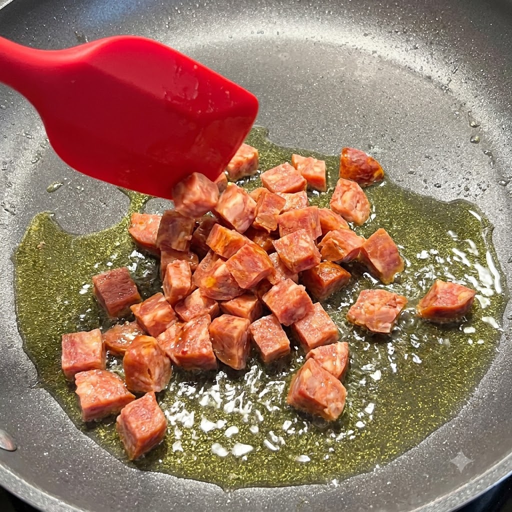 Cubes de chorizo espagnol versés dans une poêle chaude remplie dhuile dolive, manipulés par une spatule en silicone rouge.