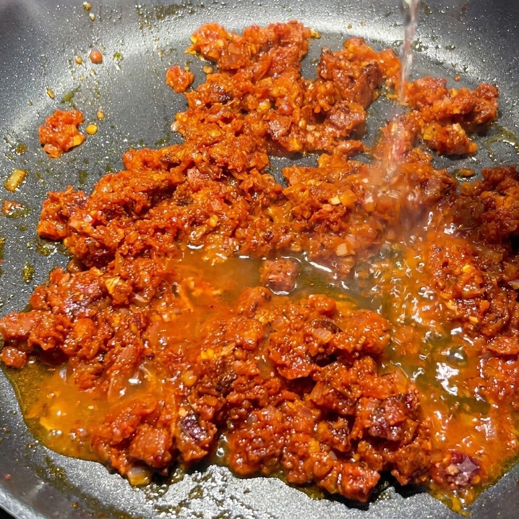 Vin blanc versé par le haut dans la sauce aux tomates et au chorizo frémissante dans la poêle.